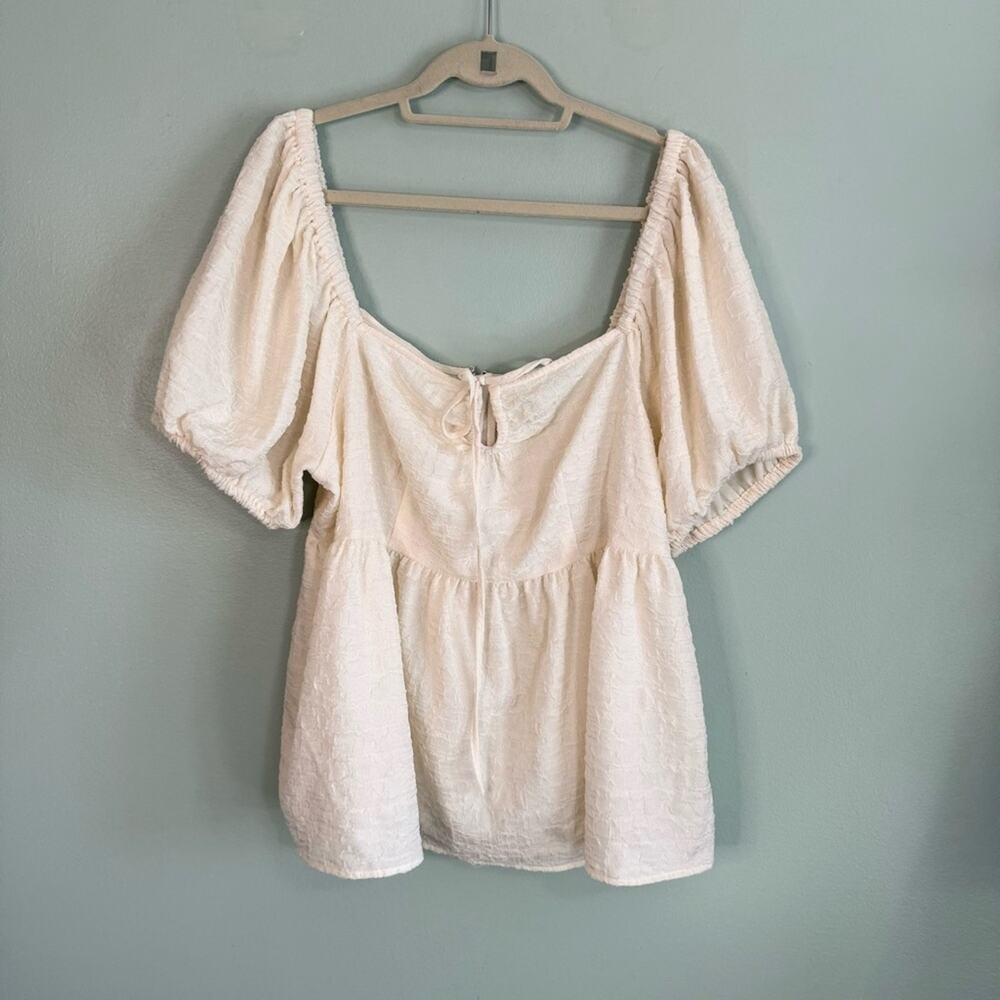 Future Collective Textured Knit Square Tie Neck Puff Sleeve Top Cream XXL Plus - Picture 2 of 11